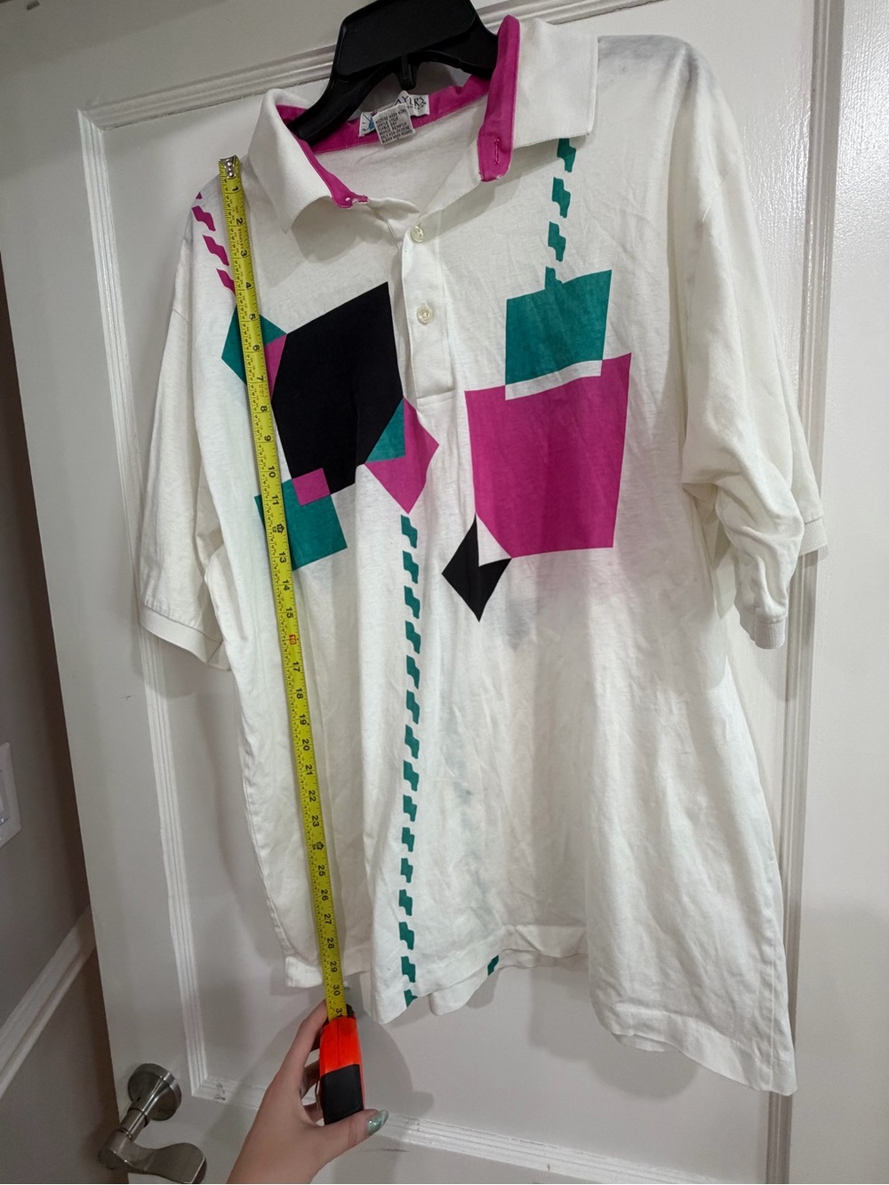 Van Heusen White Polo with Teal, Magenta & Black Geometric Print - Picture 6 of 8